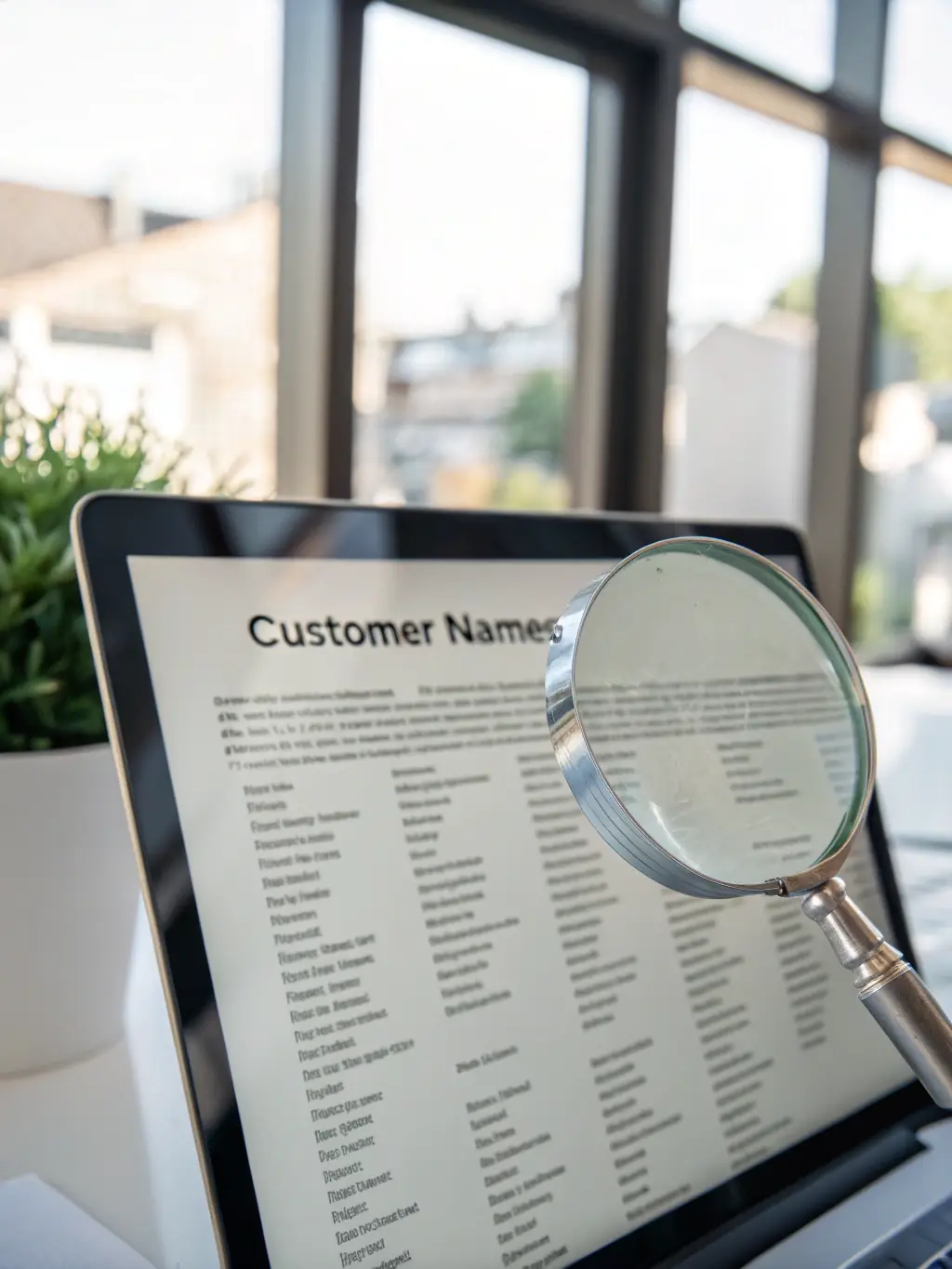 Illustration of a magnifying glass over a list of leads, highlighting the lead tracking feature of CRMBoosts.